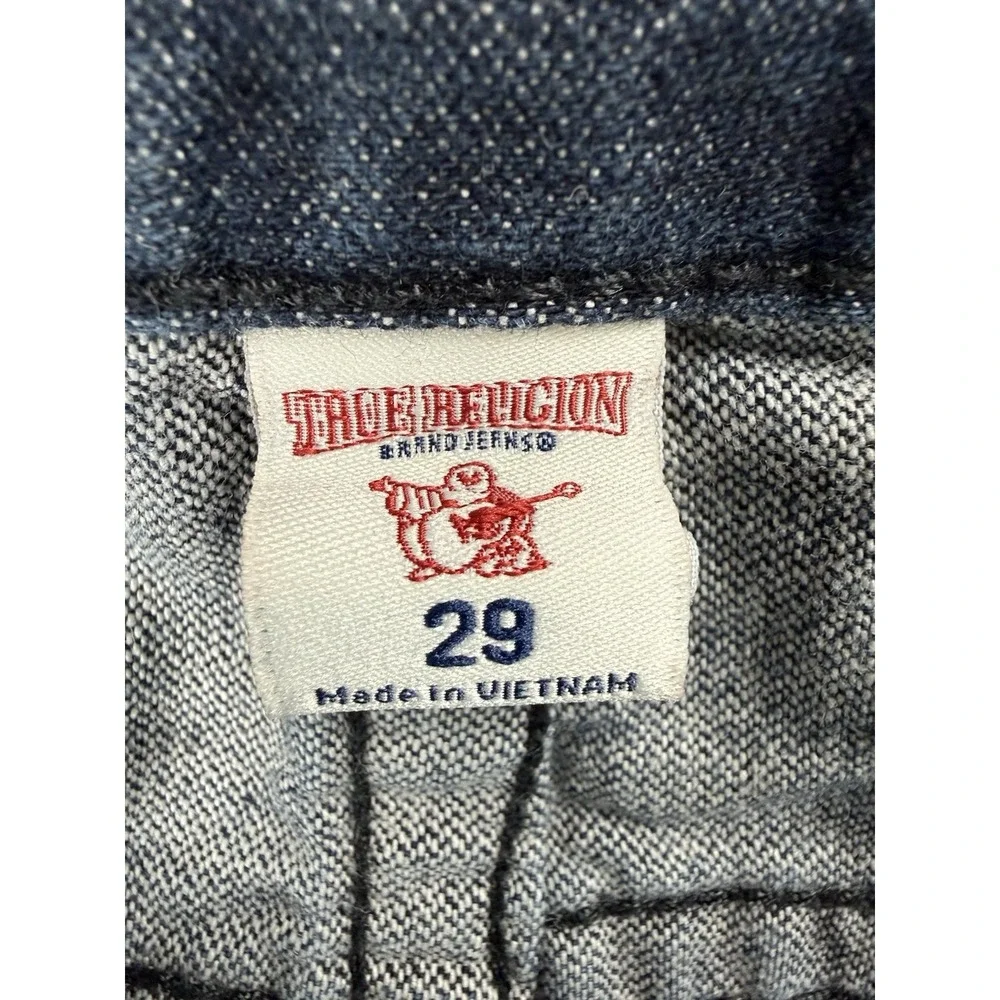True Religion MENS 29x32 Slim Moto Run Jeans Blue Stitched Paint Splatter Y2K